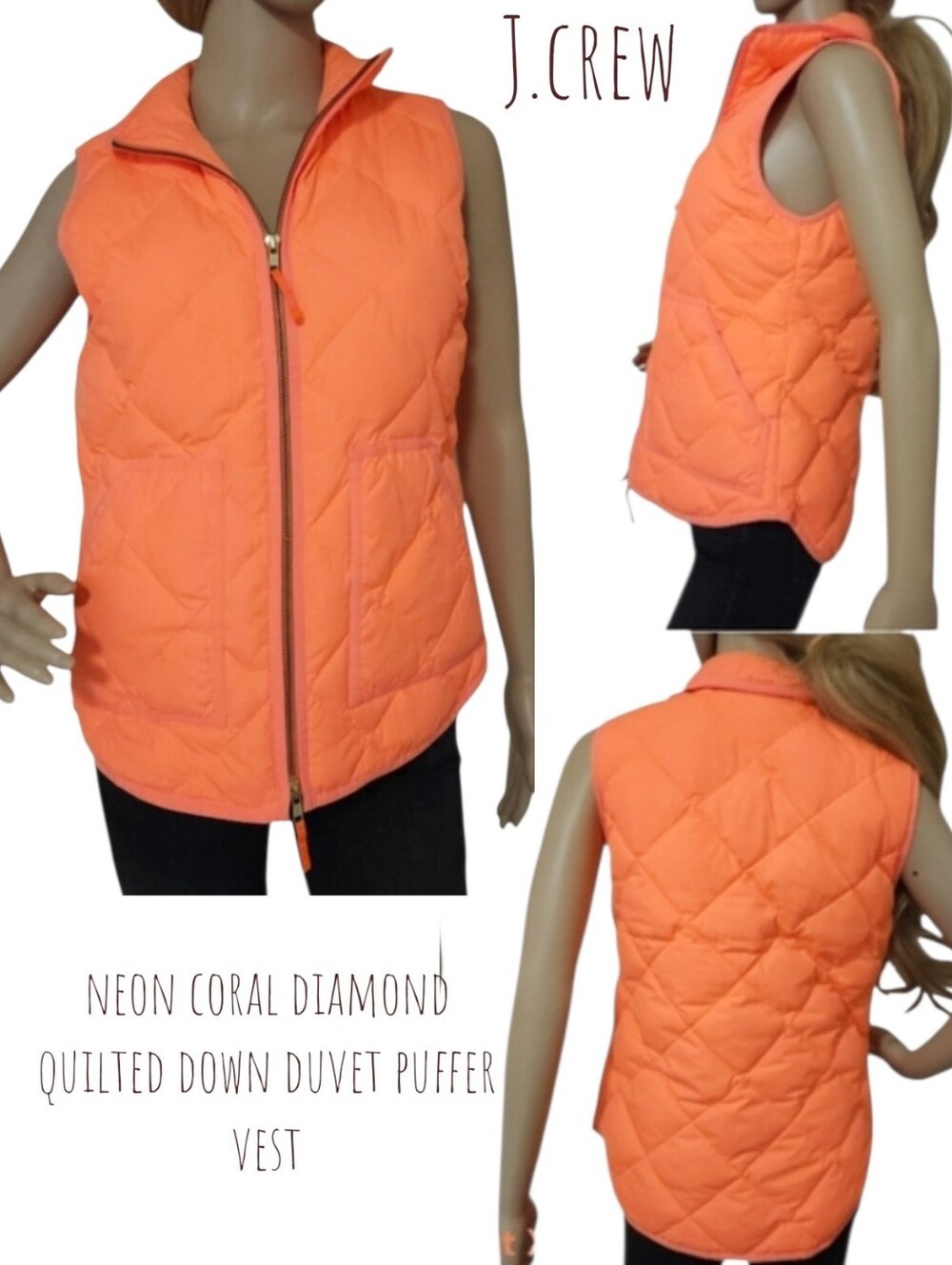 J. Crew Women's down duvet diamond quilted puffer vest neon coral jacket xs